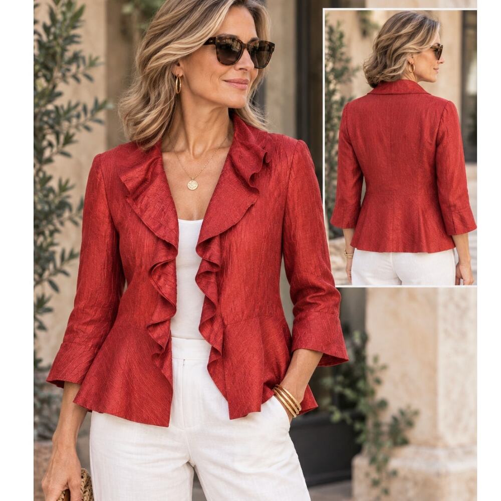 Classiques Entier Atelier Red Linen Jacket Ruffle Front SZ L Old Money Romantic